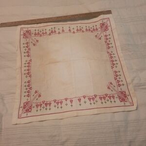 Embroidered Floral Border Linen Square - Red & Green